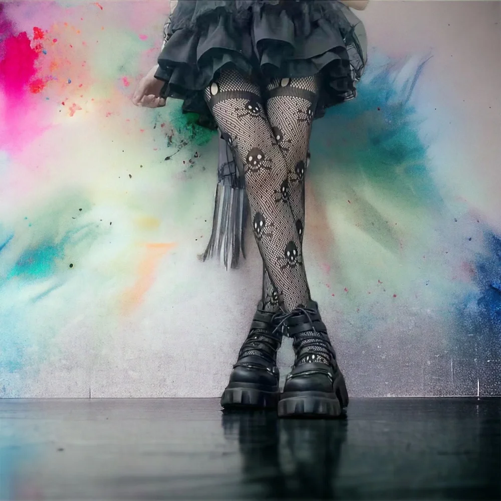 Skull Pattern Black Fishnet Tights, Halloween Hollow Out High Waist Mesh Pantyho